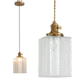 Oyisen Hanging Lamp, 6.5 Inchs Cuboid Glass Lampshade Farmhouse Pendant Lights Kitchen Island 6.5ft Braided Light Cord Hanging Light for Bedroom Hallway Light Fixture with Light Bulb