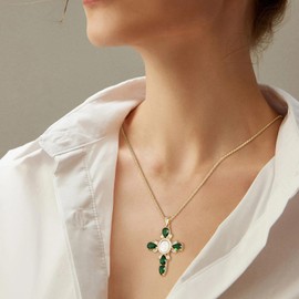 HZMAN Gold Cross Necklace for Women 18K Gold Plated Necklace Dainty Virgin Mary Cubic Zirconia Necklace Pendant Jewelry Gift (Green)