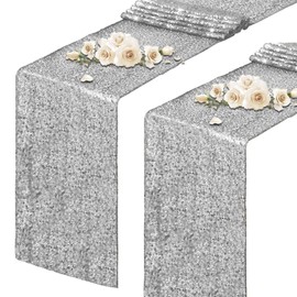 DLCFLF 2 Packs Silver Sequin Table Runners 12 x 72 Inch Glitter Dining Table Runner Sparkle Sequin Runners for Birthday Wedding Party Bridal & Baby Showers, Party Table Decorations