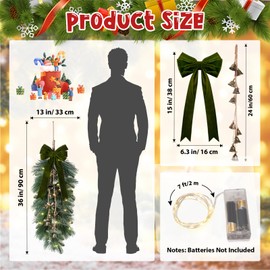 2 Pcs 36'' Christmas Teardrop Swag with Light Bell Velvet Bow Artificial Pine Needles Swag Hanging Faux Greenery Teardrop Wreath for Xmas Front Door Indoor Outdoor Home Fireplace Decor(Green)