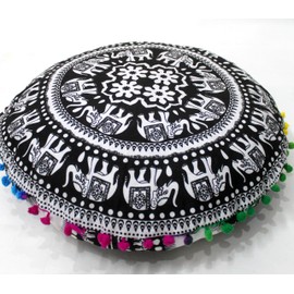 Black Elephant Round Mandala Floor Pillow Cover Seating Cushion Throw Cover Hippie Decorative Bohemian Ottoman Pouf Cover, Pom Pom Pillow Cases,Boho Indian 22 Inches