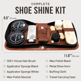 Deluxe Portable 7pc Shoe Shine Kit - Genuine Horsehair Brush, Black & White Shoe Polish - Suede & Leather Cleaning Kit for Sneakers, Boots