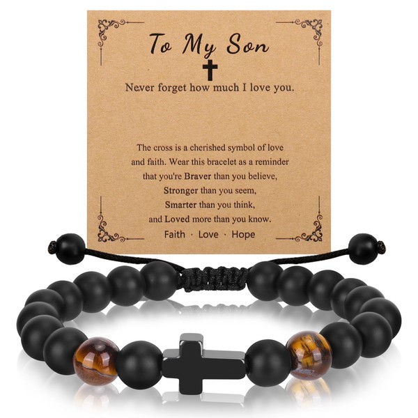 BBKON Adjustable Cross Bracelet, Black, Men's First Communion Gift