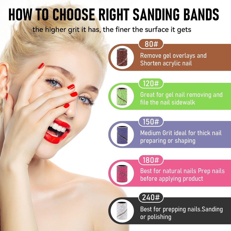 300Pcs Sanding Bands for Nail Drill, 80#120#150#180#240#Grit Sanding Bands with