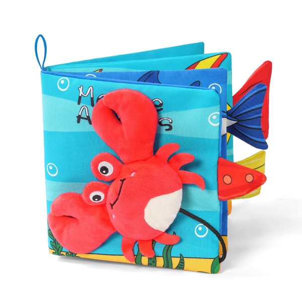Vicloon Soft Toys Baby Cloth Books, Baby Soft Books, Baby Bath Cloth Book, First Year 3D Animals Tails Crinkle Sensory Touch and Feel Book for Early Development Learning Books (Crab)