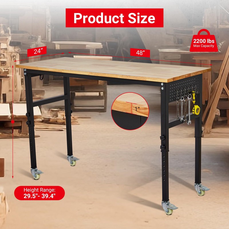 GarveeTech Workbench, 48" x 24" Adjustable Workbench with Power Outlet,