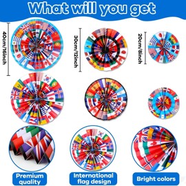 12 Pcs International Flags Party Decorations Around The World Hanging Paper Fans Country Flags of The World Banner Garland World Flag Paper Fans for Classroom Ceiling Wall Decor
