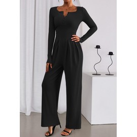 PRETTYGARDEN Jumpsuits for Women Dressy Casual 2025 Fall One Piece Outfits Long Sleeve Crew Neck Wide Leg Pants Rompers (Black,Medium)