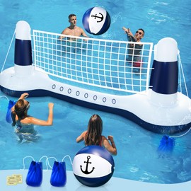 Large Inflatable Pool Volleyball Net Pool Float Set with 9" Anchor Ball, 2 Weight Bags & Yacht Design – Floating Swimming Game Toy for Adults & Kids, Perfect for Summer Water Sport Pool Party
