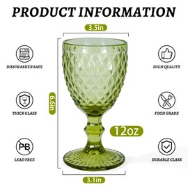 CHLJAR Vintage Wine Glasses Set of 6, 12 OZ Colored Glass Water Goblets, Embossed Floral Decorative Crystal Glass Cups Set, Dishwasher Safe, for Wedding, Party, Red Wine Glass, Bars, Restaurants