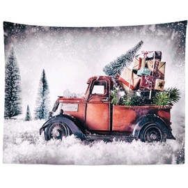 Loccor Christmas Truck Tapestry Winter Snow Forest Red Xmas Gifts Car Vintage Style Tapestries for Christmas New Year Party Decorations Home Bedroom Living Room Decor 92''x70''