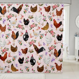 Feelyou - Cortina de baño de pollo de 72 x 84 pulgadas, bonita cortina de ducha de animales rosa para niños, niñas, decoración de animales de granja, juego de cortina de ducha floral para niños,