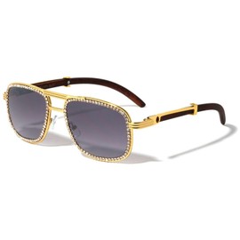 Dweebzilla Executive Aviator Metal & Faux Wood Buffs Sunglasses - Full Rim with Rhinestone Frames (Gold & Cherry Wood - Black Gradient Lenses)