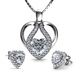 DEPHINI - Cute Necklace & Heart Earrings SET - 925 Sterling Silver - CZ Crystal Studs & Pendant - 18" Rhodium Plated Silver Chain