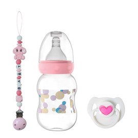 SCOM Reborn Baby Doll Accessories Set - Heart-Shaped Magnetic Pacifiers & Removable Reusable Baby Bottles with Silicone Pacifier Clips for Reborn Dolls Girls for Doll Lover, Pink Style, 3 Pcs