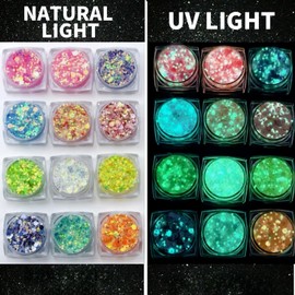 Face Glitter Gel - 12Pcs Festival Body Glitter for Eyeshadow, Hair, Makeup - Glow in The Dark Face Paint, UV Black Light Sequins