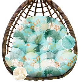 Tycdiose Egg Chair Cushion Replacement, Waterproof Outdoor Hanging Egg Swing Chair Cushions Pads, U-Shaped Thickened Cushions for Hanging Eggs Chair with Ties, 47x33x7 Inches (Cyan Floral Leaf)
