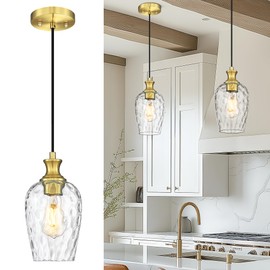 Audickic Gold Pendant Lights Kitchen Island, Modern Hanging Lights Fixtures with Hand-Blown Hammered Clear Glass, Farmhouse Brass Kitchen Island Lighting Over Sink, AD-24027-1P-GD