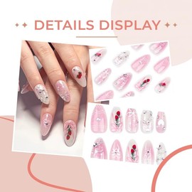 Bow Strawberry Press on Nails Medium Almond Pink Fake Nails Heart Star Rhinestone Design Glue on Nails Ombre Acrylic Nails Chrome Star Swirls Full Cover Stick on Nails for Women Girls Manicure 24Pcs