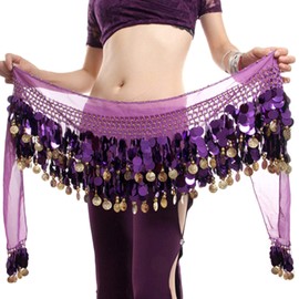 WEKIOOBON Belly Dance Hip Scarf, Sweet Belly Dance Skirt Wrap Performance Bling Sequins Coins, Belly Dancer Costumes for Women (A Purple)
