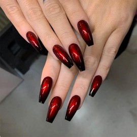 Press on Nails Long Fake Nails Glossy Full Cover Stick on Nails Red Black with design False Nails Gel Glue on Nails Gradient Acrylic Artificial Nails for Women Girls 24pcs
