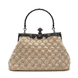 Shimmering golden handbag adorned with beaded sequin floral design, vintage shoulder handbag, clutch purse, featuring silver sequin accents, suitable for women's weddings and parties.