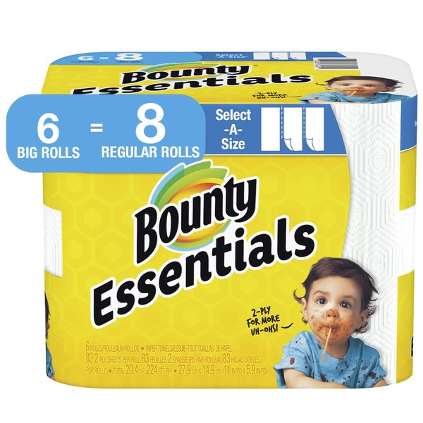 Bounty Essentials Select-A-Size Paper Towels, 6 Big Rolls = 8 Regular Rolls