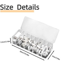 JTGYMY Plastic Cable Management Box with 10 Wire Ties, Clear Power Cord Organizer with 8 Compartments, Transparent Data Cable Organizer