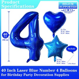 Laser Navy Blue Number 4 Balloons, 40 Inch Giant Blue Number Balloons Nylon Helium Dark Blue Number 4 Balloons for 4th Birthday Party Supplies Anniversary Event Celebration Decorations