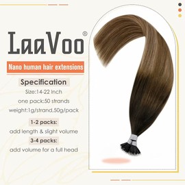 LaaVoo 14-22 Nano Tip Real Human Hair Extensions / Remy Natural Straight Hair / Total 50 g / Pre-Bonded Tip Hair (Pack of 500)
