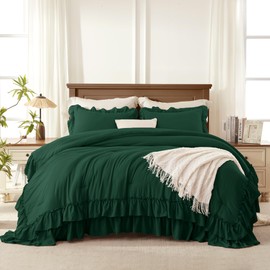 Andency Dark Green Comforter Set Queen Size, Lightweight Fluffy Farmhouse Ruffle Bedding Set, Soft Microfiber All Season Shabby Chic Bed Comforter Set 3 Pieces(1 Comforter 2 Pillowcases)