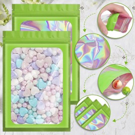 100 Pack Holographic Bags,Smell Proof Packaging Bags, Clear Window Resealable Odor Foil Pouch Mylar Bags for Food Storage and Lipgloss, Jewelry Lash (Green, 3 x 4.7 Inch)