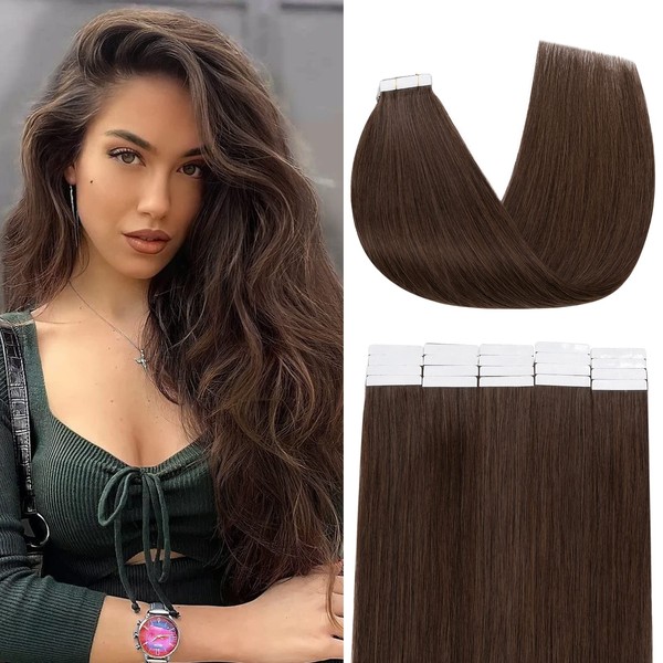 Benehair Tape-In Real Hair Extensions, Invisible Tape Extensions, Real Hair, 20 Pieces, 30 g, Remy Natural Tapes, 45 cm, Chocolate Brown #4
