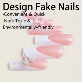 Long Square Press on Nails SWEKKE French Tip Fake Nails Pink Gradient Star Charm Full Cover False Nails with Designs Plant Rhinestones Glossy Glue on Nails Artificial Nails for Women Girls 24Pcs