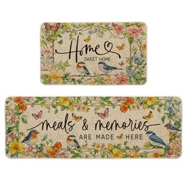 Artoid Mode Bird Flowers Home Sweet Home Spring Kitchen Mats Set of 2, Summer Home Decor Low-Profile Kitchen Rugs for Floor - 17x29 and 17x47 Inch