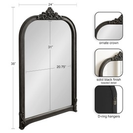 Kate and Laurel Hubanks Vintage Decorative Tall Arched Mirror; 24 x 38; Black; Large Antique Statement Arch Mirror for Dresser or Mantel Home Decor Options