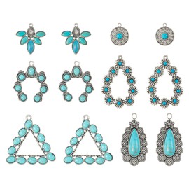 Pandahall 12Pcs Tibetan Turquoise Stone Charm Pendant Leaf Teardrop Turquoise Earring Charms Antique Silver Retro Big Pendants for Women Men Jewelry Making