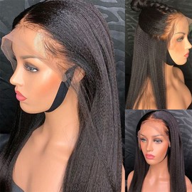 Bele 13x6 HD Lace Front Wigs Human Hair 200 Density 18 inch Yaki Straight Lace Front Wigs Brazilian Kinky Straight Human Hair Wigs for Black Women Pre Plucked with Baby Hair Natural Color