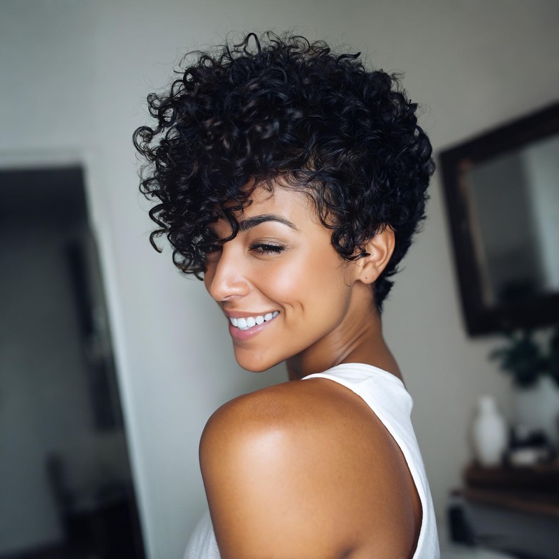 Short Curly Pixie Cut Wig, Black Wavy Layered Style with