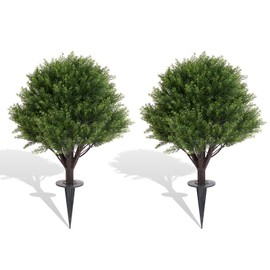 Artificial Cypress Topiary Ball Bush 27" UV Resistant Rated with Ground Spike, Set of 2 Faux Cedar Plants Outdoor Trees for Planters, Front Porch, Patio, Indoor, Outside Decor, Realistic Fake Shrubs