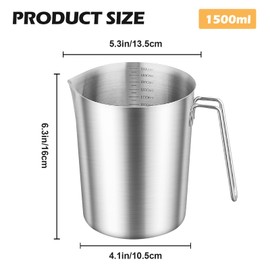 GOMETY Measuring Jug Stainless Steel 1500 ml, 304 Stainless Steel Measuring Cup with Handle & Scale, Dishwasher-Safe Milk Jug Stainless Steel Robust Measuring Cup 1.5 L for Kitchen, Baking, Milk