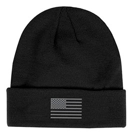 Military Cuffed Hunter Style Beanie Cap with US Flag (Black Embroidered)