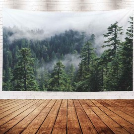 Crannel Tapestry Wall Hanging,Fog The Mountain Forest Misty View from Larch Mount USA Pacific N Tapestry 60X50 Inches Wall Art Tapestries Hanging for Dorm Room Living Home Decorative,Peach White