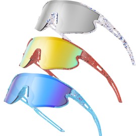 Wapreta 3PACK Kids Sunglasses Youth Baseball Sunglasses for 4-12 Boys Girls Cycling Softball Running UV400 Sports Goggles (White Frame+ Red Frame + Blue Frame)