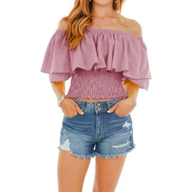 Hibluco Womens Off Shoulder Tops Ruffled Crop Top Smocked Waist Blouse Summer Tops Deep Pink