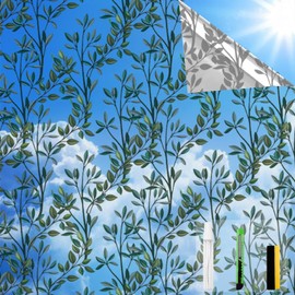 QHYsunshine One Way Privacy Film, Window Tint for Home,Daytime Reflective, Anti UV Static Cling Sliding Door Coverings No Glue Garage Solar Paper (Silver-Leaves, 35.4 x 157.4 in)