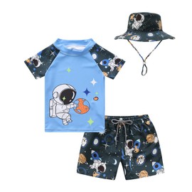 Toddlers and Baby Boys' 3-Piece Rash Guard Swimsuits Kids Long Sleeve Sunsuit Swimwear Sets(Space Man,18-24 Months)