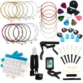 LOMEVE Guitar Accessories Kit Include Acoustic Guitar Strings, Tuner, Capo, 3-in-1 Restring Tool, Pick Holder, Bridge Pins, Nuts & Saddles, Finger Protector, Finger Picks, Fretboard Stickers (59PCS)