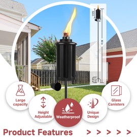 FALBAWR Citronella Torches Set of 4, 16 oz Garden Torches for Outside, 3-Prong Grounded Stake Outdoor Torches, 58 inch Outdoor Decorative Lantern, Black