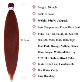 Ai Yuchen 30 Inch Pre Stretched Braiding Hair Ginger Hypoallergenic Knotless Non Toxic 350 Braiding Hair Pre Stretched Plant Based Synthetic Braid Hair Extensions 3 Packs